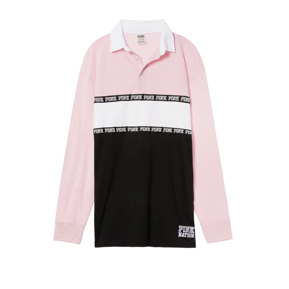 VS PINK Long Sleeve Rugby polo style Tee pink